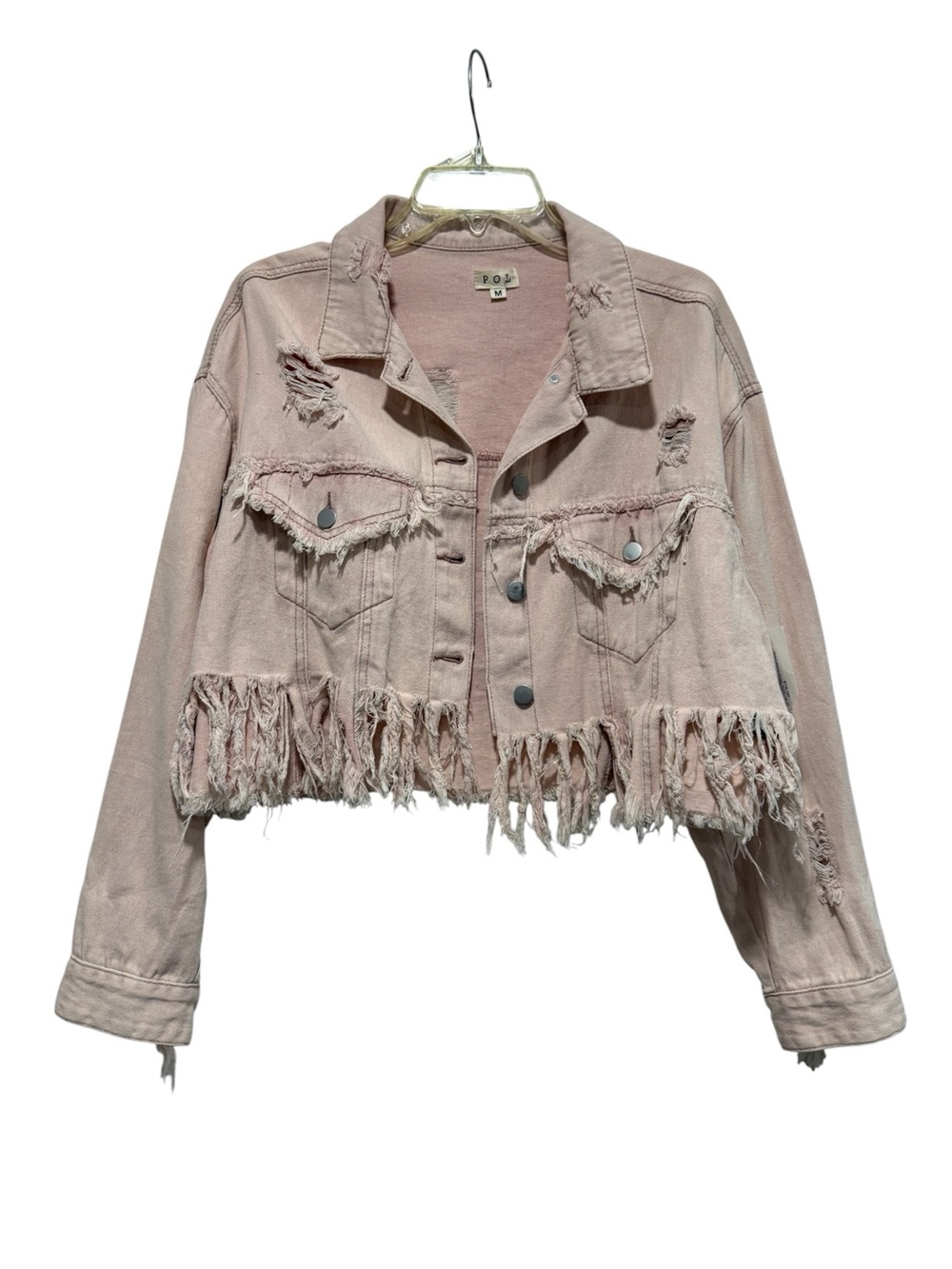 NWT POL Pink Fringe Distressed Crop Denim Jacket - Picture 6 of 16